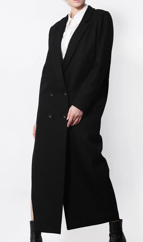 Avant Garde Dark Black  Asymmetric Side Big Slit Overlong Wool Jacket Coat