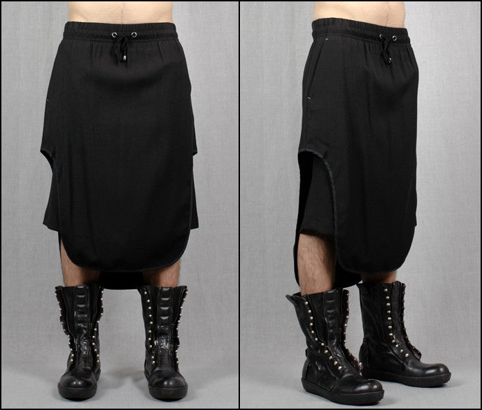 Black Cotton Jersey Short Pants with Leather Trimmed Sides