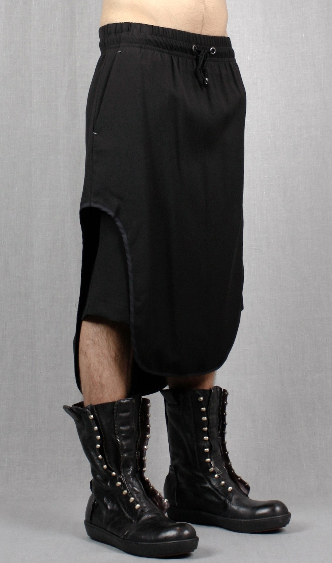 Black Cotton Jersey Short Pants with Leather Trimmed Sides