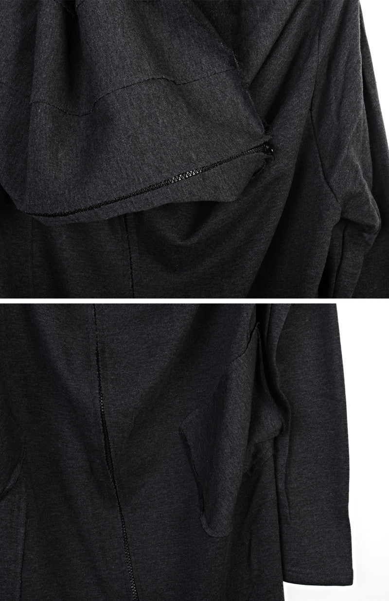 Drape Front Long Zip Up Jersey mix Pocket Dark Hooded Cape Sweatshirt