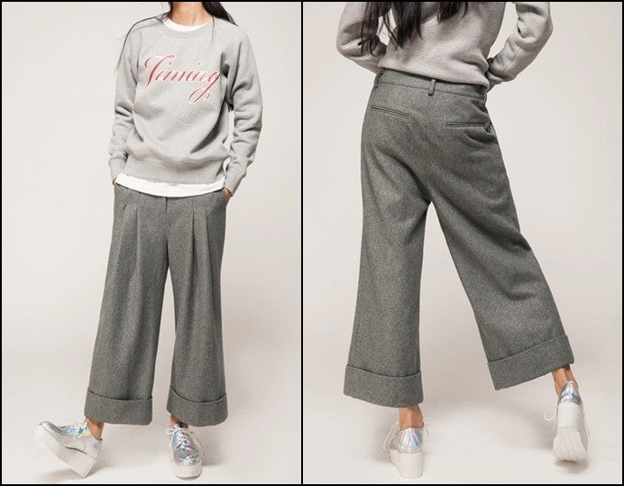 Women's Wide Leg Pants Wool Culottes Woolen Trouser – Ofelya Boutique