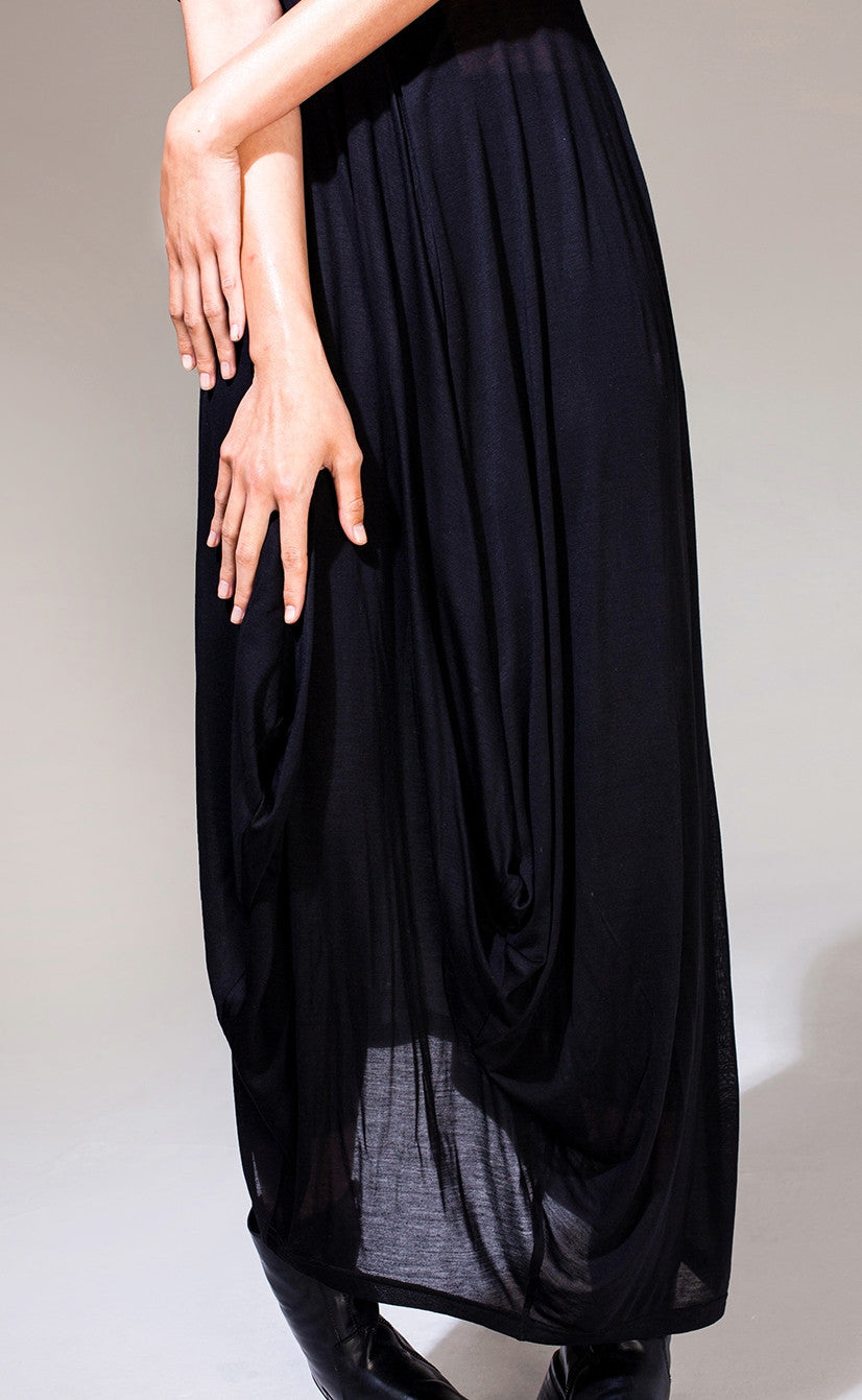 Women Asymmetric Open Shoulder Black Pleats Oversized Draped Skirt Short-Sleeved Maxi Dress Futuristic