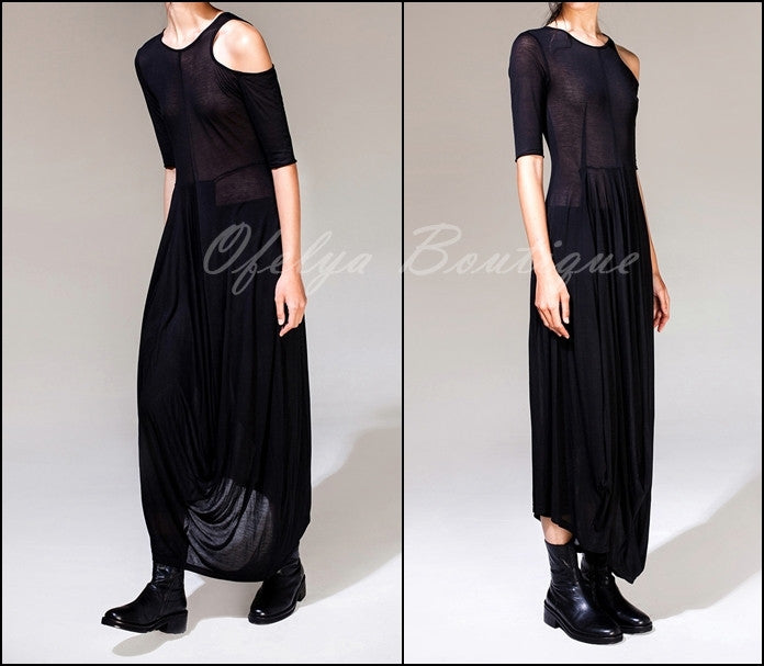 Women Asymmetric Open Shoulder Black Pleats Oversized Draped Skirt Short-Sleeved Maxi Dress Futuristic