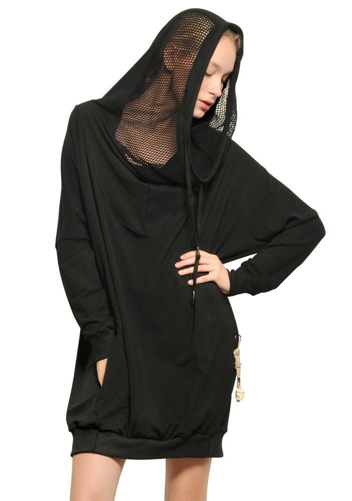 Women Hooded Mesh Long Sweatshirt / Adjustable Drawstring Hood / Oversized Hood