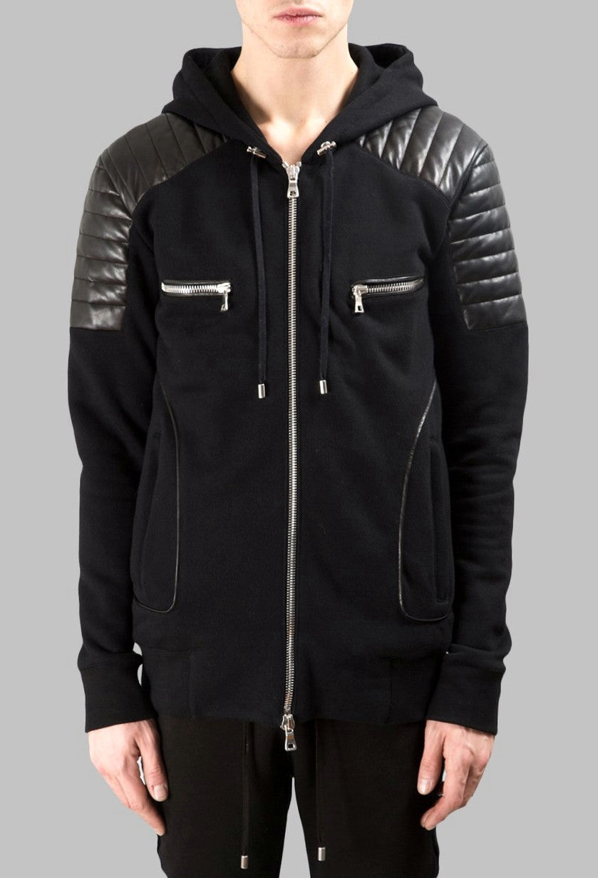 Men's Black Quilted Padded Hoodie with Drawstrings /Zipped Chest Pockets  -Two Zipped Side Pockets