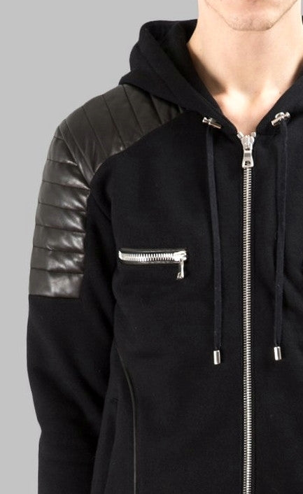 Men's Black Quilted Padded Hoodie with Drawstrings /Zipped Chest Pockets -Two Zipped Side Pockets