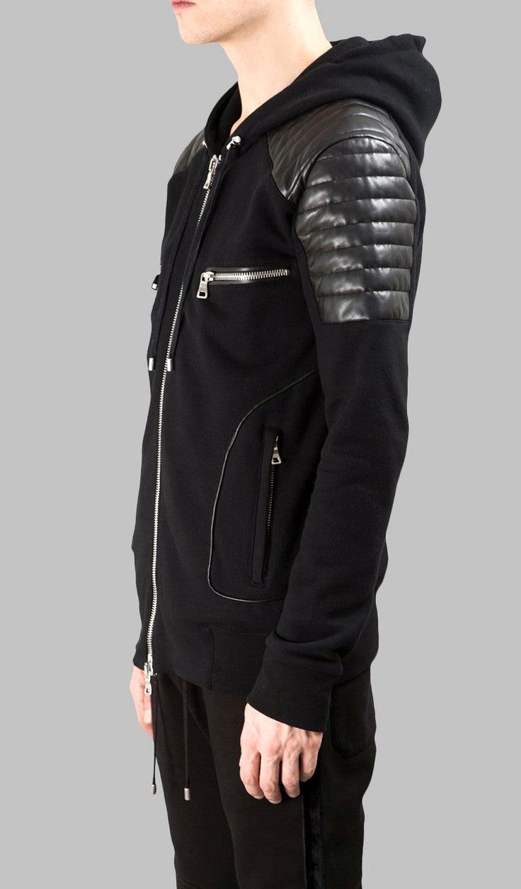 Men's Black Quilted Padded Hoodie with Drawstrings /Zipped Chest Pockets -Two Zipped Side Pockets