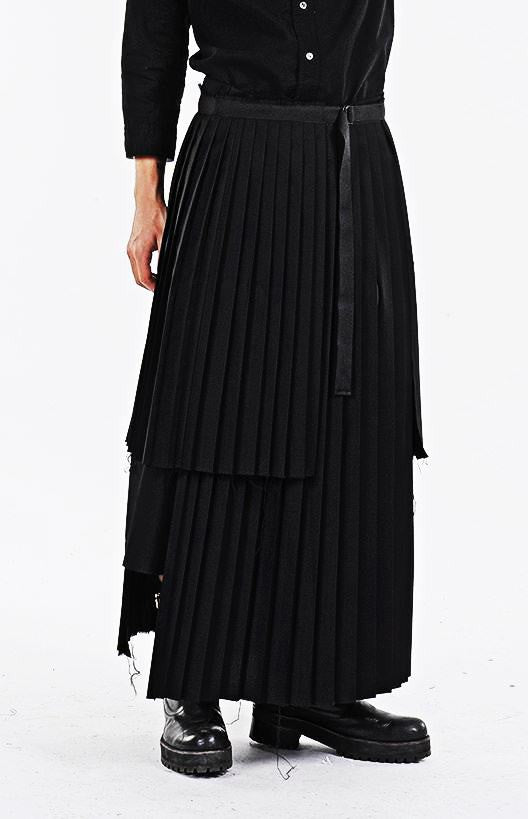 Dark Black Essentials Pleats Wrap Long Skirt // Pleated Skirt Mens