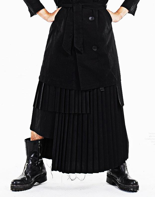 Dark Black Essentials Pleats Wrap Long Skirt //  Pleated Skirt Mens / Wear it with Drop Crotch Pants