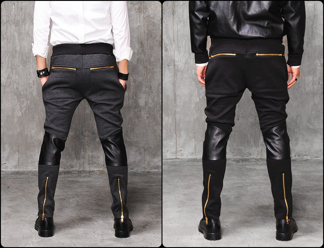 Faux Leather Paneled  Knee Gold and Silver ZipperJogger Leg Mens Slim Biker Jersey Sweatpants