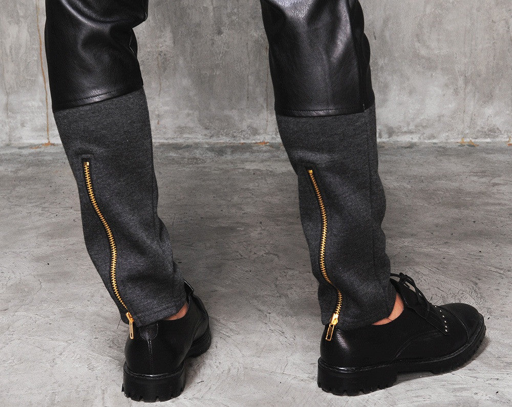Faux Leather Paneled  Knee Gold and Silver ZipperJogger Leg Mens Slim Biker Jersey Sweatpants