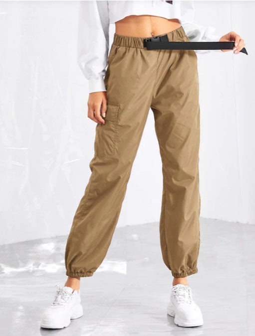 Women Push Buckle Front Pocket Side Tapered Carrot Pants Hiphop