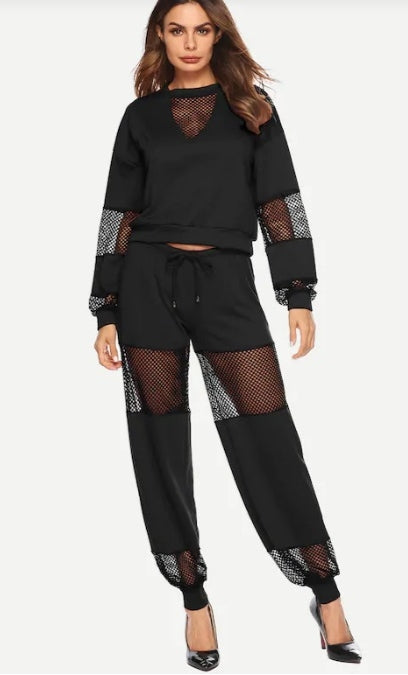 Women Black Sexy Contrast Fishnet Top With Pants /Set 2pcs Plus Size XXXL