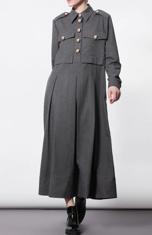 Woolblend Front Button Closure Floor Long Military Style Dress