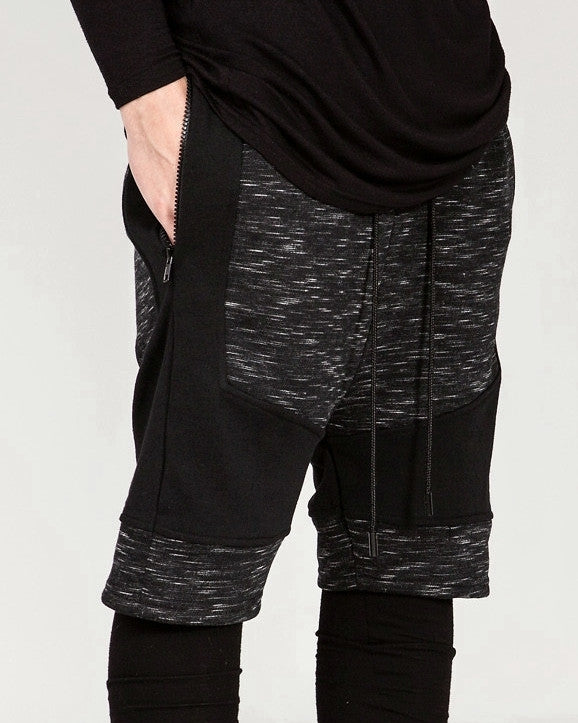 Dark Biker Black Panelling Shadow Shorts with a Drop Crotch and Tapered Leg