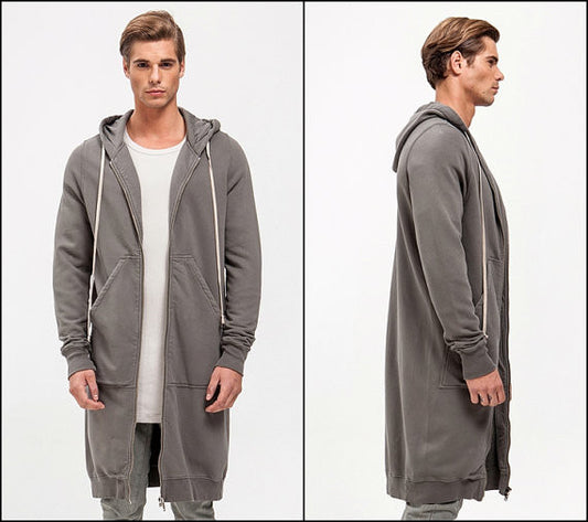 Men's Overlong Extended Sweatshirt Long Sleeve Zippered Front Hoodie