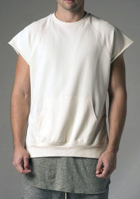 KANYEWEST Essential Short Sleeve Raw Sleeve Edges Side Zip Muscle Crew Neck Sweatshirt