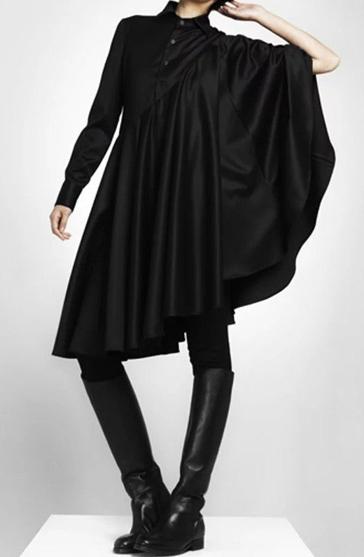 Bat Sleeve Loose Fit Cape-Style Blouse Shirt Asymmetrical pleated Skirt  Dress Tunic