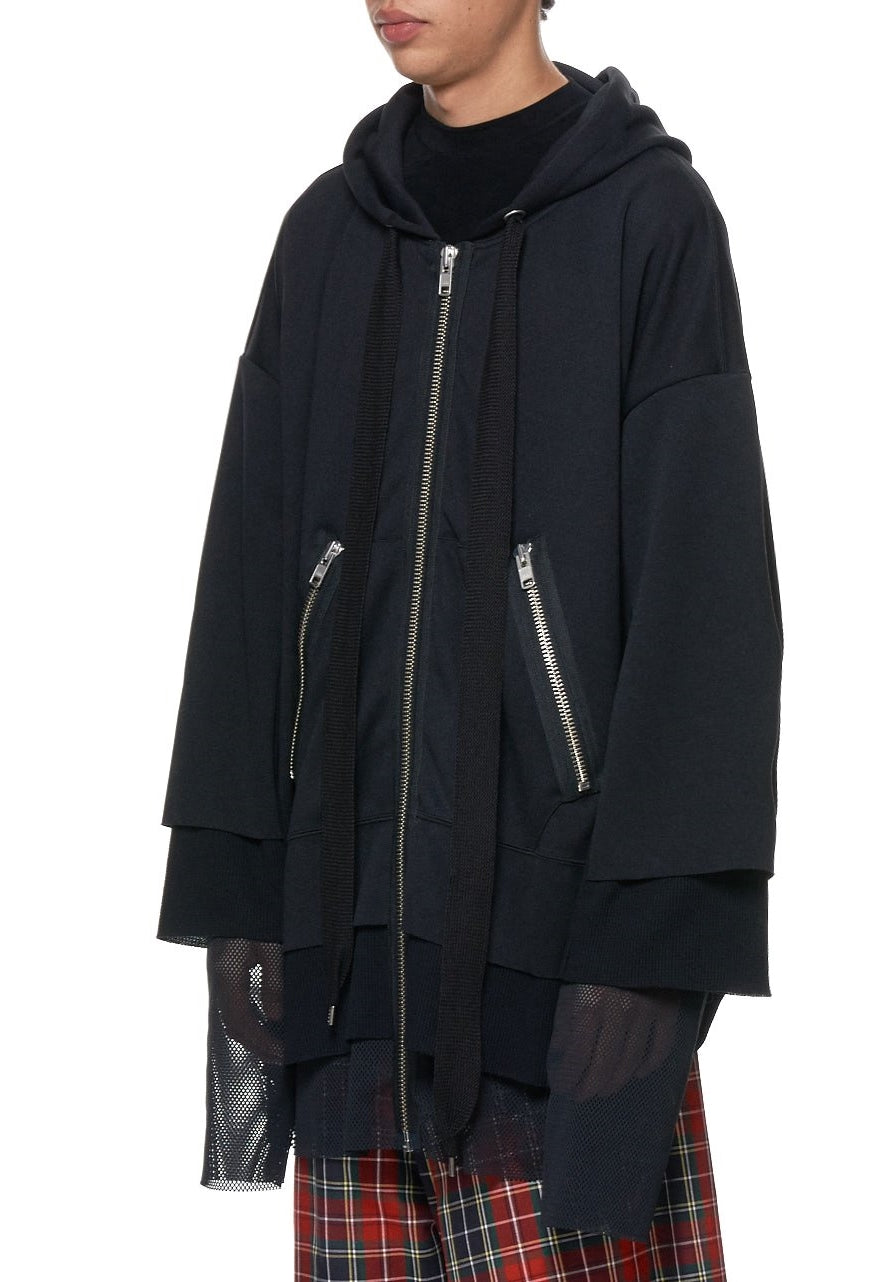 Mesh Hoodie Sweater in Black / Adjustable Hood Layer Over Mesh Triple