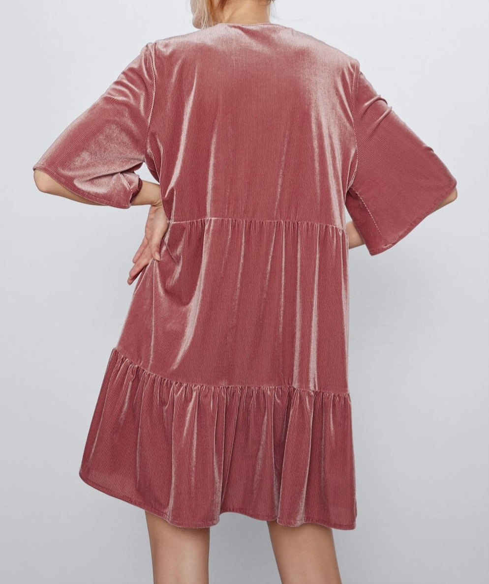 Flared Velvet Dress Deep V Neck / Ruffled Edges