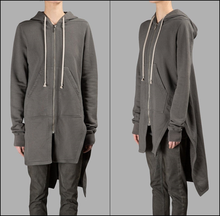 Grey Long Hoodie /Zip Closure  /Two Side Pockets /  Asymmetric Raw Cut Sleeve Seam