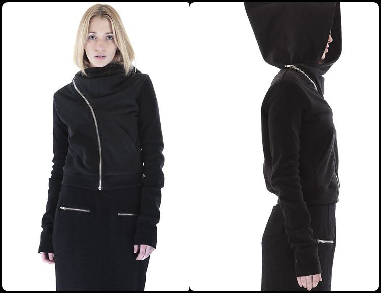 Black Assimetric Zip Collar Cotton Fleece Hood Sweatshirt Dark
