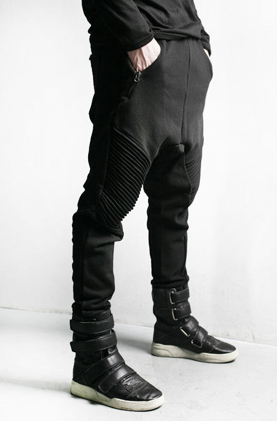 Biker Drop Crotch Side Pocket False Zippers Knee Side Leather Harem Pants -  ShopperBoard