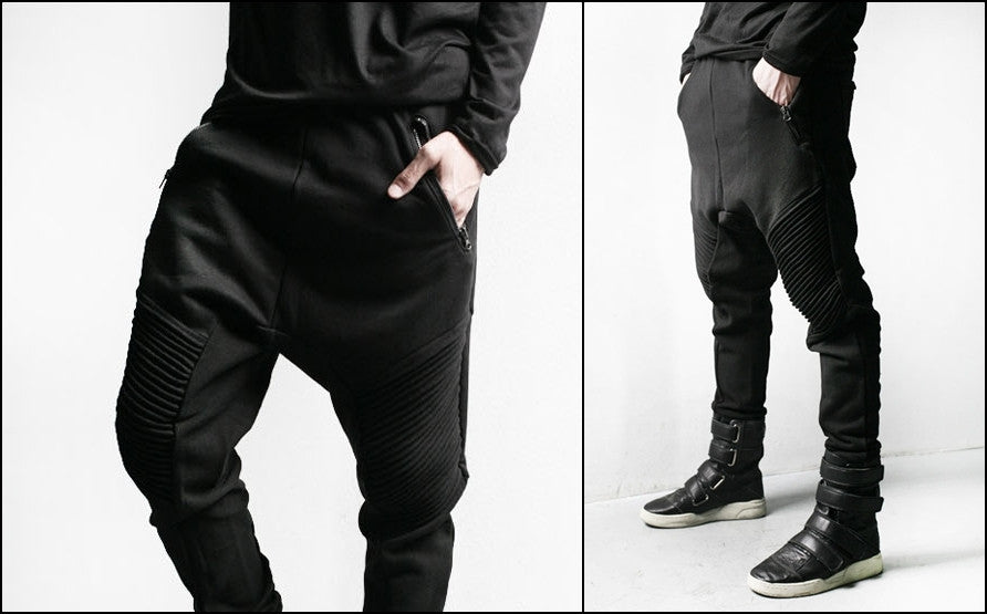 Men Slim-Fit Biker Drop Crotch Dual Zip Pants Essential Pintuck
