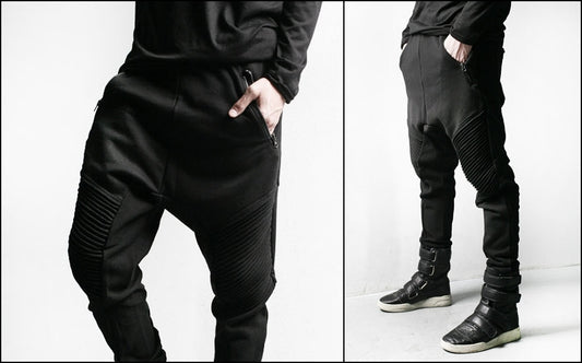 Men Slim-Fit Biker Drop Crotch Dual Zip Pants Essential Pintuck