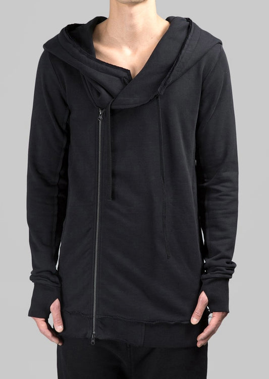 Men's Black Hoodie // Asymmetric Zip Closure // Gloves Sleeve // Big Hood / Oversized Skinny Sweatshirt
