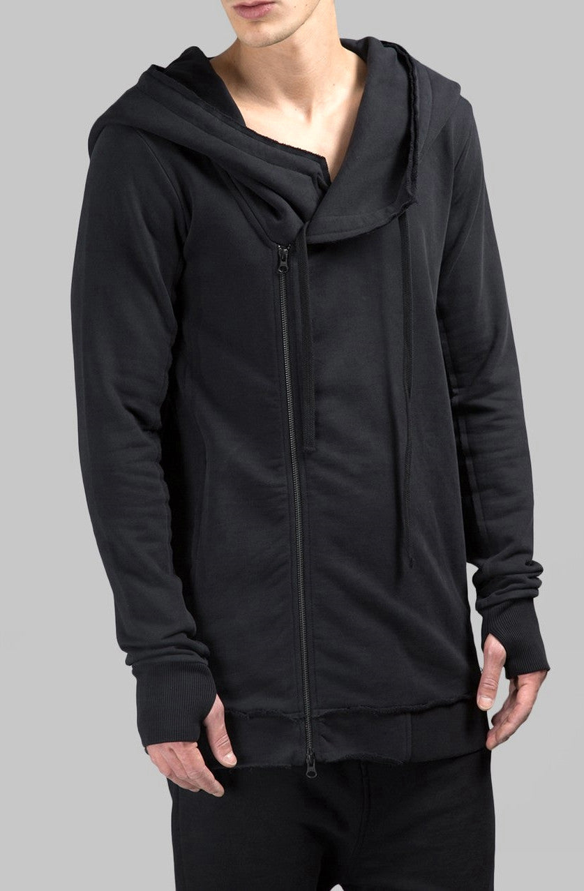 Men's Black Hoodie // Asymmetric Zip Closure // Gloves Sleeve // Big Hood /  Oversized Skinny Sweatshirt