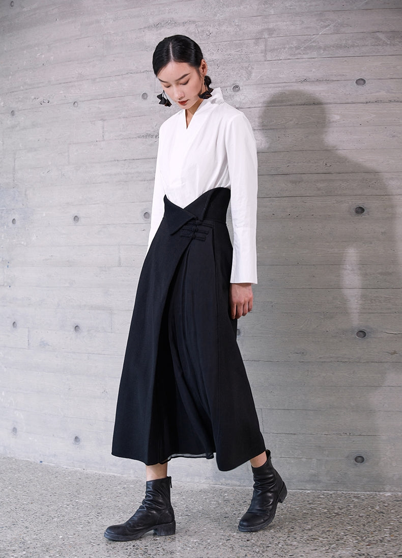 High Waist Pleated Wrap Long Woolen Skirt / Chinese Style