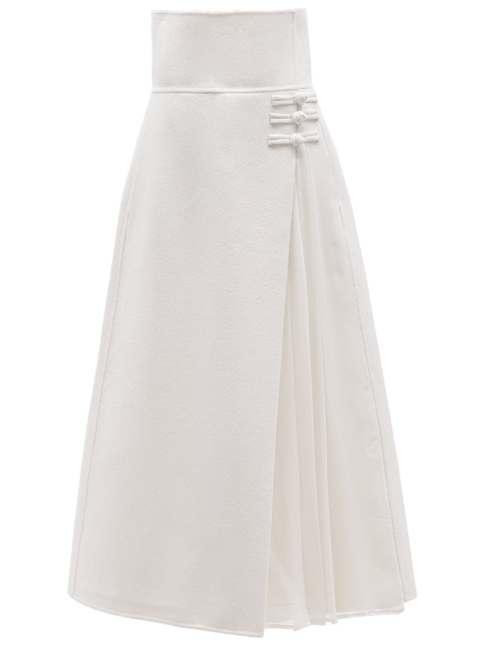 High Waist Pleated Wrap Long Woolen Skirt / Chinese Style